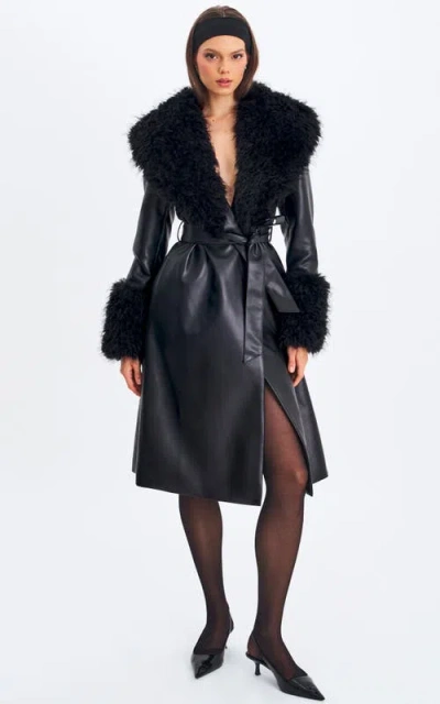Miss Circle Zariah Faux Fur Trimmed Longline Coat In Black