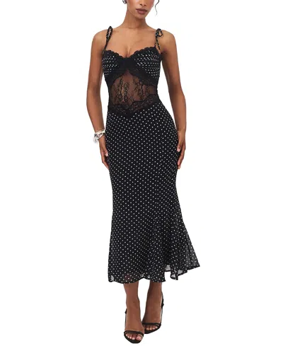 Miss Circle Zehra Polka Dot Chiffon Lace Cutout Mermaid Midi Dress In Multi
