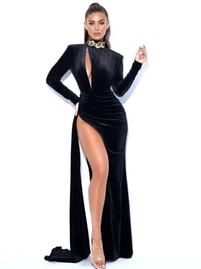 Miss Circle Women Zenaida Black Cutout High Slit Velvet Gown In Blue