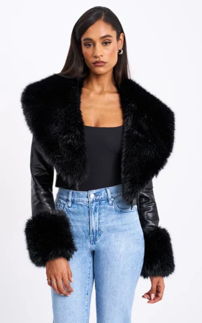 Miss Circle Ziah Cropped Leather Jacket With Fur Collar In Black