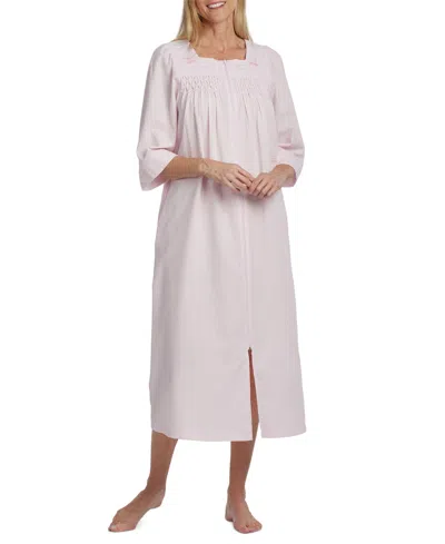 Miss Elaine Long Zipper Embroidered Seersucker Robe In Pink