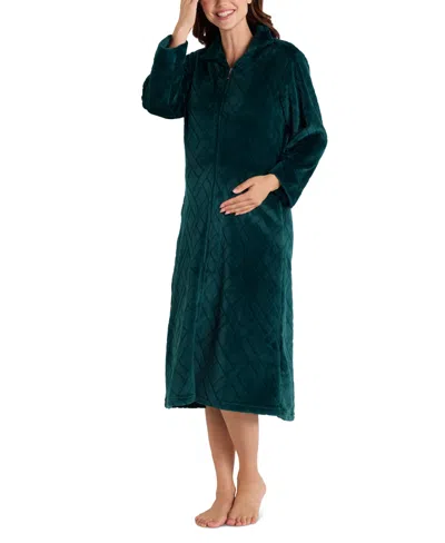 Miss Elaine Petite Zip-front French Fleece Robe In Deep Emerald