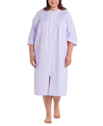 Miss Elaine Plus Size 3/4-sleeve Zip-front Seersucker Robe In Lilac,white Check