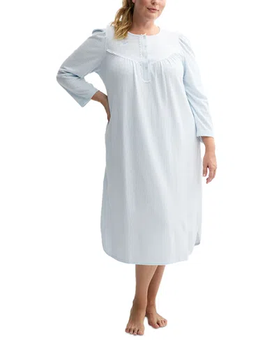 Miss Elaine Plus Size Embroidered Honeycomb Knit Nightgown In Light Blue