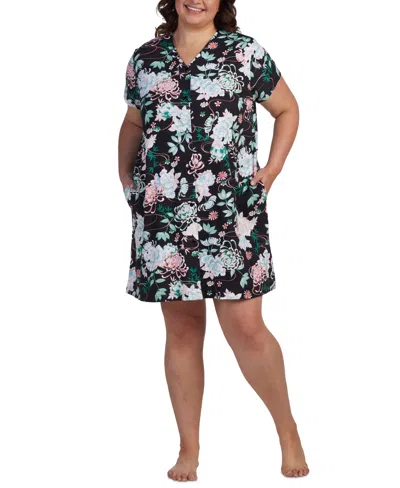 Miss Elaine Plus Size Floral Short-sleeve Snap Robe In Seaside