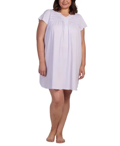 Miss Elaine Plus Size Short-sleeve Embroidered Nightgown In Lilac