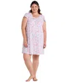 Miss Elaine Plus Size Short-sleeve Printed Short Gown In Pink,mint Flor Stems