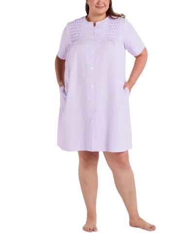Miss Elaine Plus Size Short-sleeve Seersucker Robe In Lilac,white Check