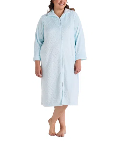 Miss Elaine Plus Size Textured Fleece Zip-front Robe In Blue
