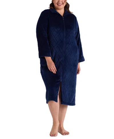 Miss Elaine Plus Size Textured Fleece Zip-front Robe In Midnight Blue