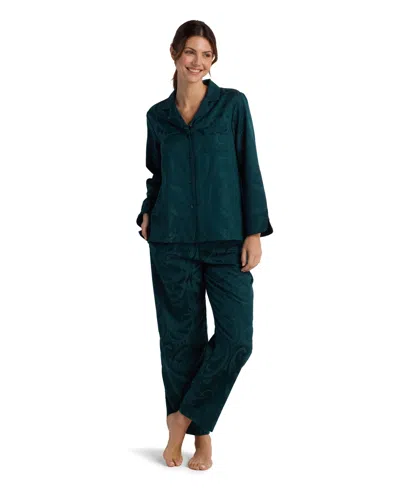 Miss Elaine Women's 2-piece Notch Collar Top And Pull-on Pants Pajama Set In Green