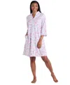 Miss Elaine Women's 3/4-sleeve Printed Short Zip Robe In Pink,mint Floral Stems