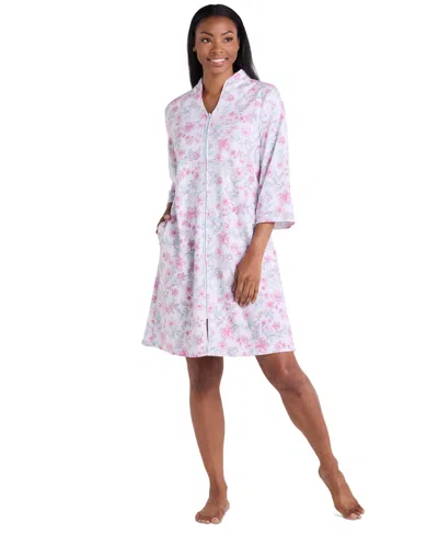Miss Elaine Women's 3/4-sleeve Printed Short Zip Robe In Pink,mint Floral Stems