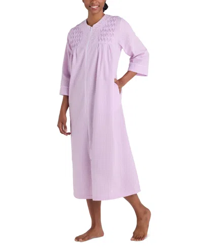 Miss Elaine Women's 3/4-sleeve Zip-front Seersucker Robe In Lilac,white Check