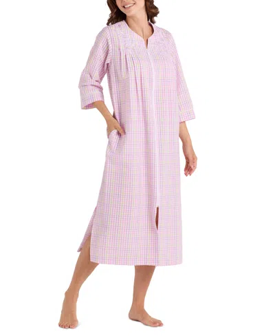Miss Elaine Women's 3/4-sleeve Zip-front Seersucker Robe In Wht,pk,lilac,mint Pld