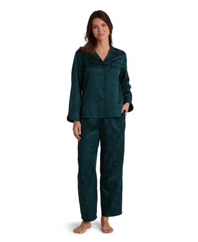 Miss Elaine Women's Brushed Back Satin Long-sleeve Pajama Set In Green