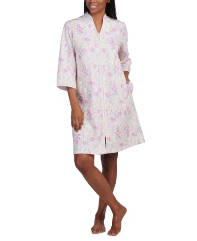 Miss Elaine Women's Floral 3/4-sleeve Zip-front Robe In Pink Floral