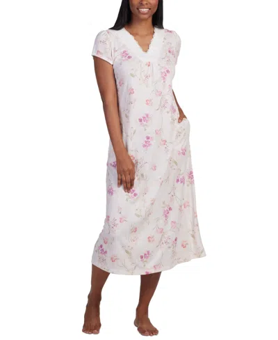 Miss Elaine Women's Floral Cap-sleeve Lace-trim Nightgown In Pink Orchid