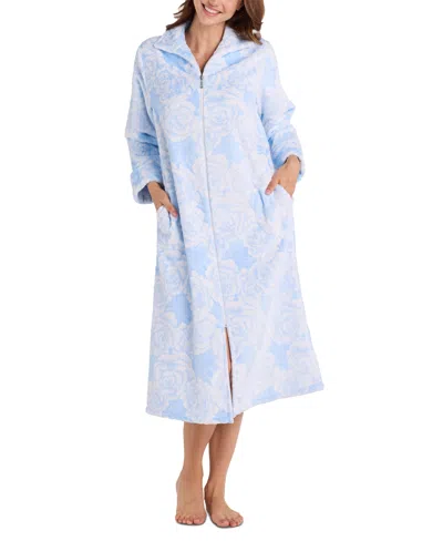Miss Elaine Women's Floral Fleece Zip-front Robe In Blue Roses | ModeSens
