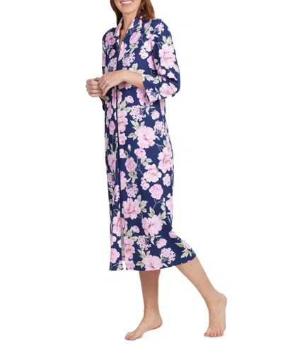 Miss Elaine Women's Floral-print Knit Long Zip Robe In Pink Roses On Navy