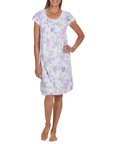 Miss Elaine Women's Floral Short-sleeve Nightgown In Lavender Flowers On White