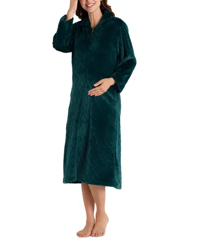 Miss Elaine Women's Long Zip-front Fleece Robe In Deep Emerald