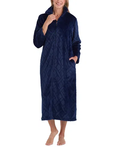 Miss Elaine Women's Long Zip-front Fleece Robe In Midnight Blue