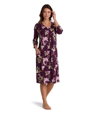 Miss Elaine Women's Long-sleeve Printed Long Gown In Aubergine Wildflowers