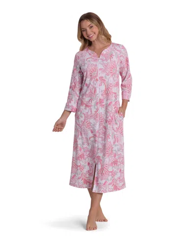 Miss Elaine Women's Long-sleeve Printed Long Zip Robe In Pink