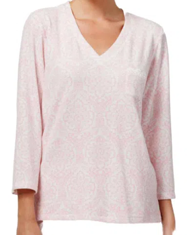 Miss Elaine Women's Printed Brushed Waffle Knit Pajama Top In Pink Damk In Multi
