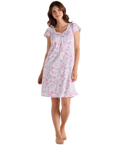 Miss Elaine Women's Short-sleeve Printed Short Gown In Pink,mint Flor Stems