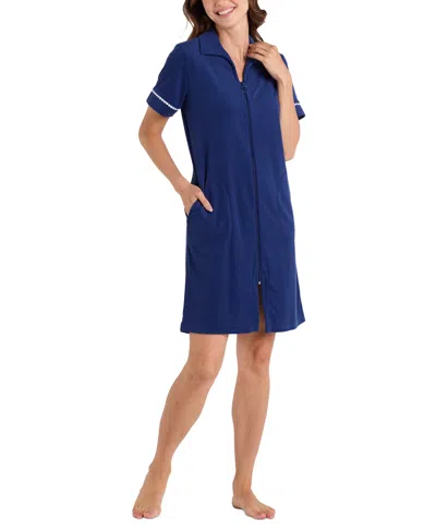 Miss Elaine Women's Short-sleeve Solid Short Zip Robe In Navy