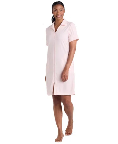 Miss Elaine Women's Short-sleeve Solid Short Zip Robe In Peach