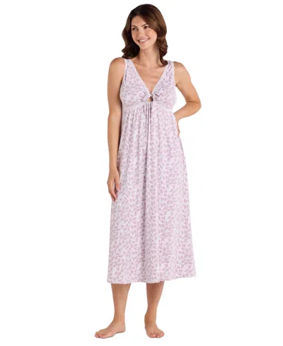 Miss Elaine Women's Sleeveless Printed Long Gown In Pink Leaves On White