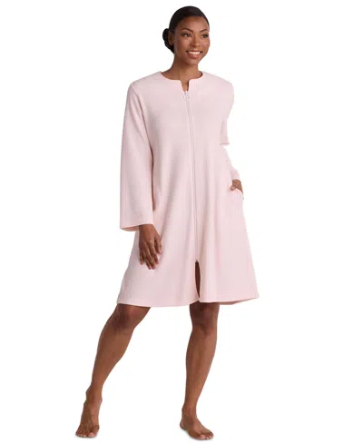 Miss Elaine Women's Zip Front Textured Knit Robe In Pink