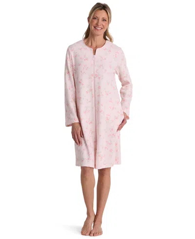 Miss Elaine Women's Zip-front Floral Textured Knit Robe In Pink