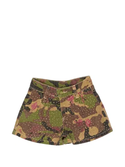 Miss Grant Kids' Camouflage-print Rhinestone-embellished Denim Shorts In Green