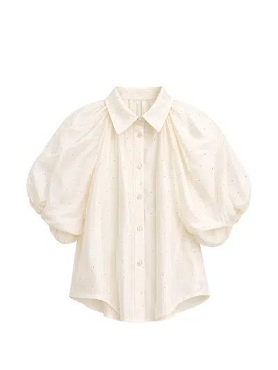 Miss Grant Kids' Crystal-embellished Puff-sleeve Blouse In Neutral