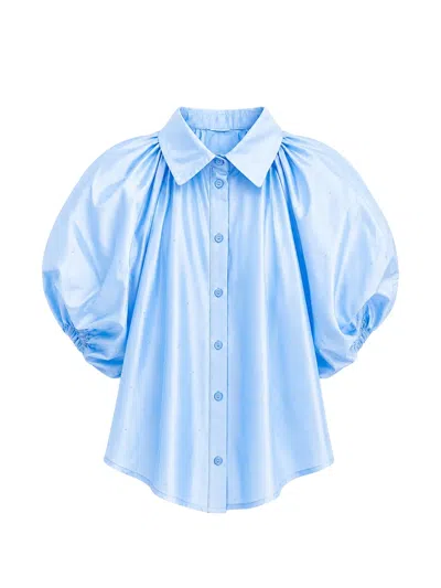 Miss Grant Kids' Crystal-embellished Puff-sleeve Shirt In Blue