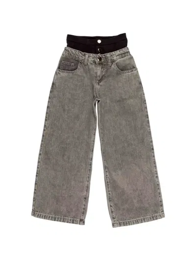 Miss Grant Kids' Layered-waist Wide-leg Jeans In Grey