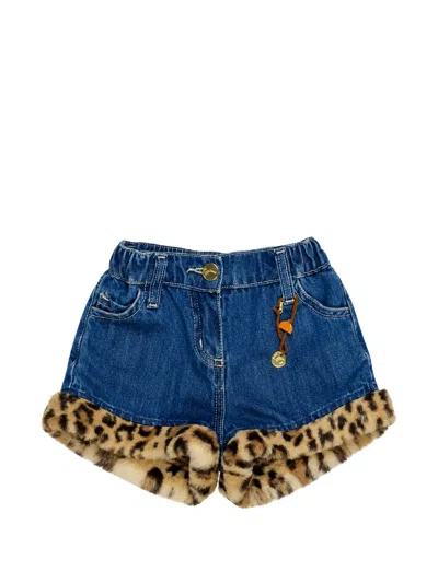 Miss Grant Kids' Leopard-trim Denim Shorts In Blue