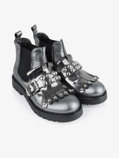 Miss Grant Kids' Pewter Leather Fringed Boots With Studs Eu 30 Uk 12 Silver