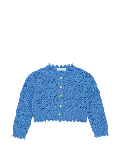Miss Grant Kids' Pointelle-knit Scalloped Cardigan In Blue