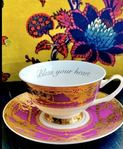 Miss Havisham Curiosities Bless Your Heart Teacup And Saucer In Purple Perfection In Multi