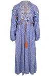 Miss June Alina Long Dress In Purple | Adjustable Puffed Long Sleeves | Embroidered Bead Details &amp; Delicat In Multi