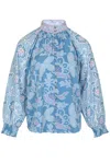 Miss June Amelie Shirt In Light Blue | Tailored Fit &amp; Puffed Sleeves With Smocked Cuffs | Floral Print Cot In Blue