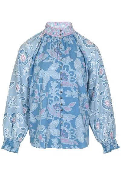 Miss June Amelie Shirt In Light Blue | Tailored Fit &amp; Puffed Sleeves With Smocked Cuffs | Floral Print Cot