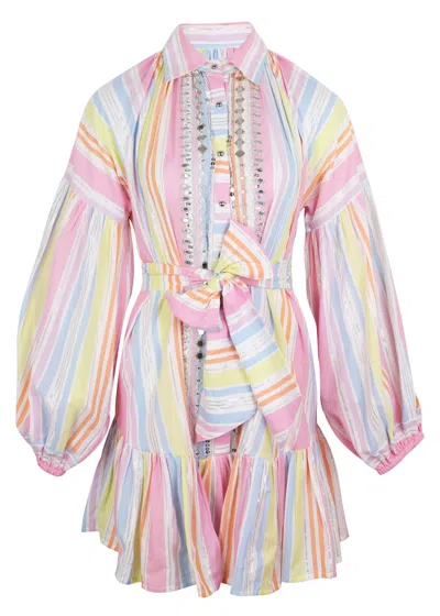 Miss June Antonia Short Dress In Multi | Puffed Long Sleeves, Silver Buttons, Stripe Print | Flowy Cotton Embr