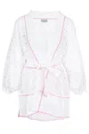 Miss June Beach Cover Up In White/pink | Tropical Kimono Style Robe | White Lace, Balloon Sleeves, Side Slits  In White