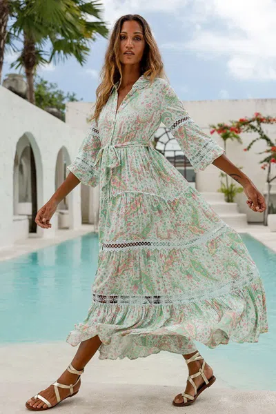 Miss June Button Down Dress Maxi With Inset Lace In Multi